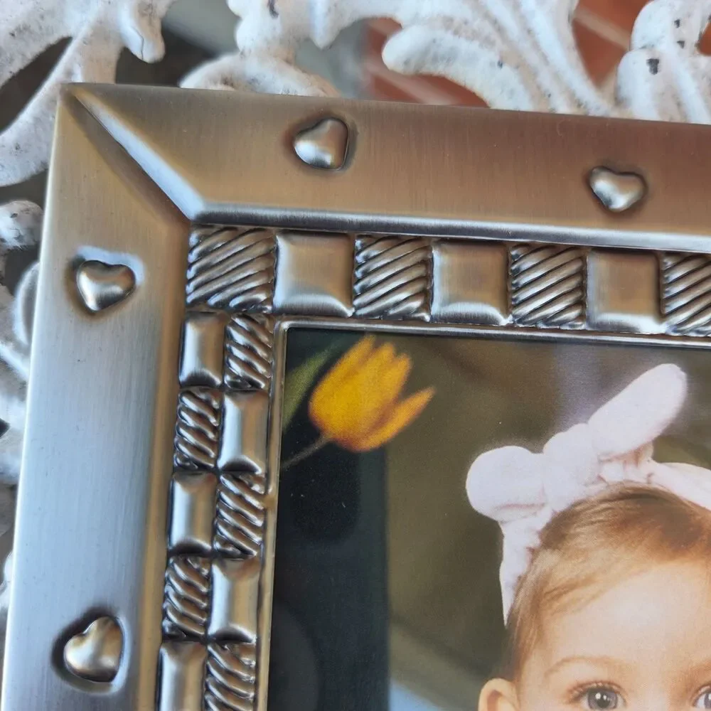 Burnes of Boston Teddy Bear Baby Photo Frame 4x6 Silver Hearts NOS Box